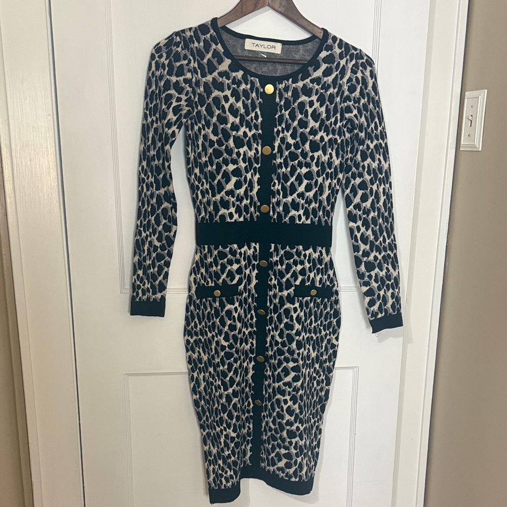TAYLOR Black and Cream Leopard Print Long Sleeve Dress NWOT